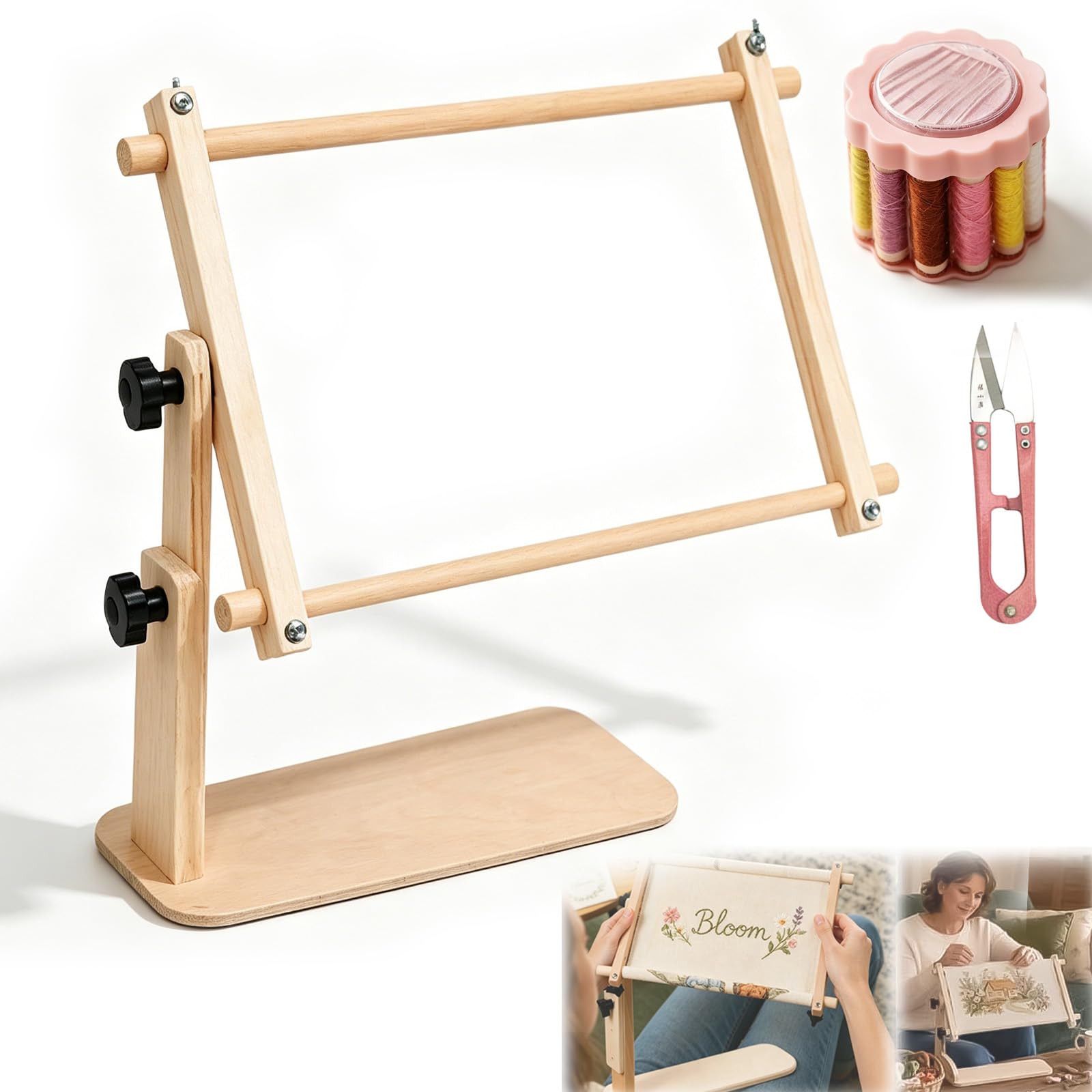 Adjustable Tabletop Embroidery Stand – Cross Stitch Frame Holder, Needlepoint Lap Rack with 360° Rotating Stable Sitting-Base Design, for Embroidery Hoops, Cross Stitch Needlepoint DIY (6" × 12")