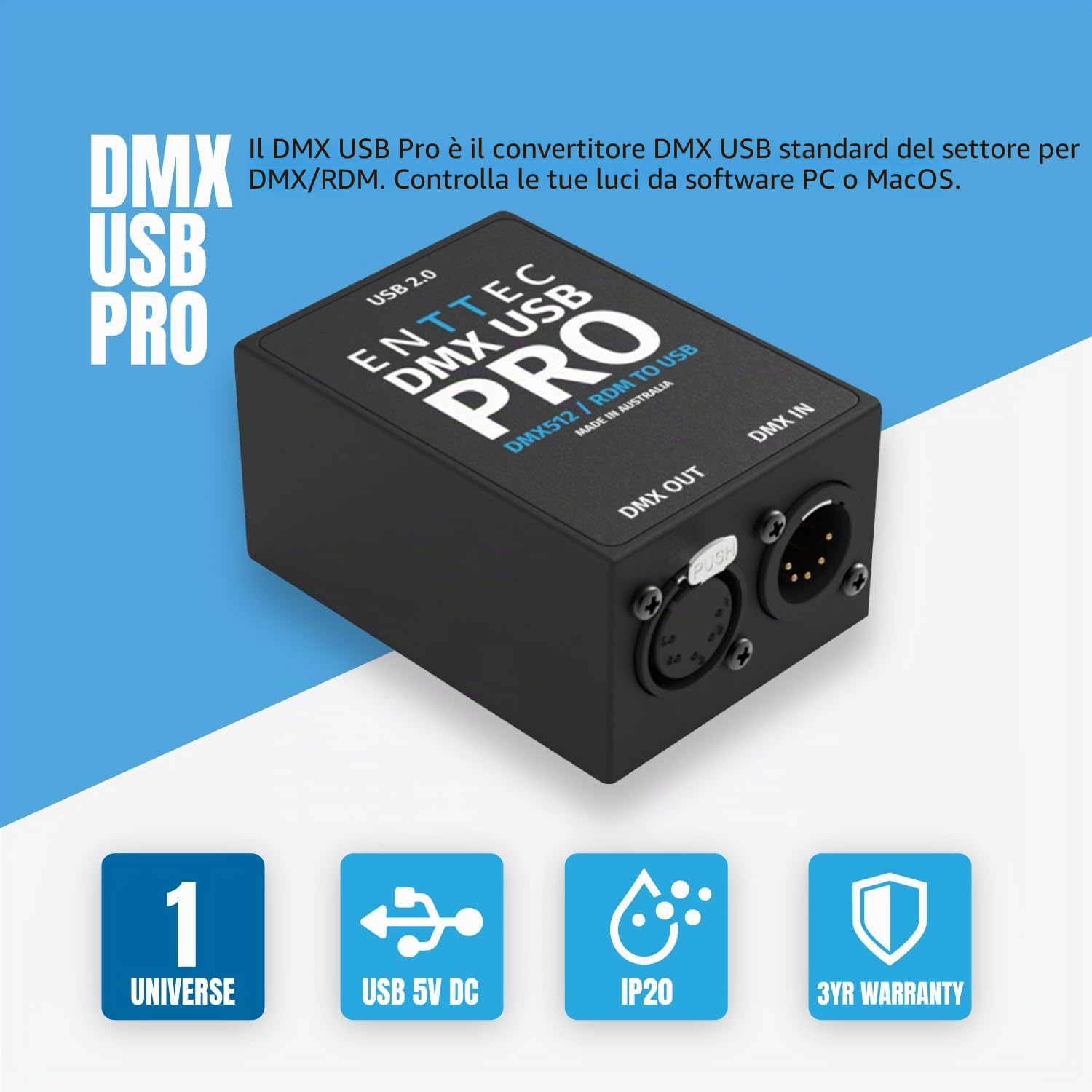 Enttec - DMX USB Pro Dongle, interfaccia USB a DMX (RDM) 512 ch, 1 universo