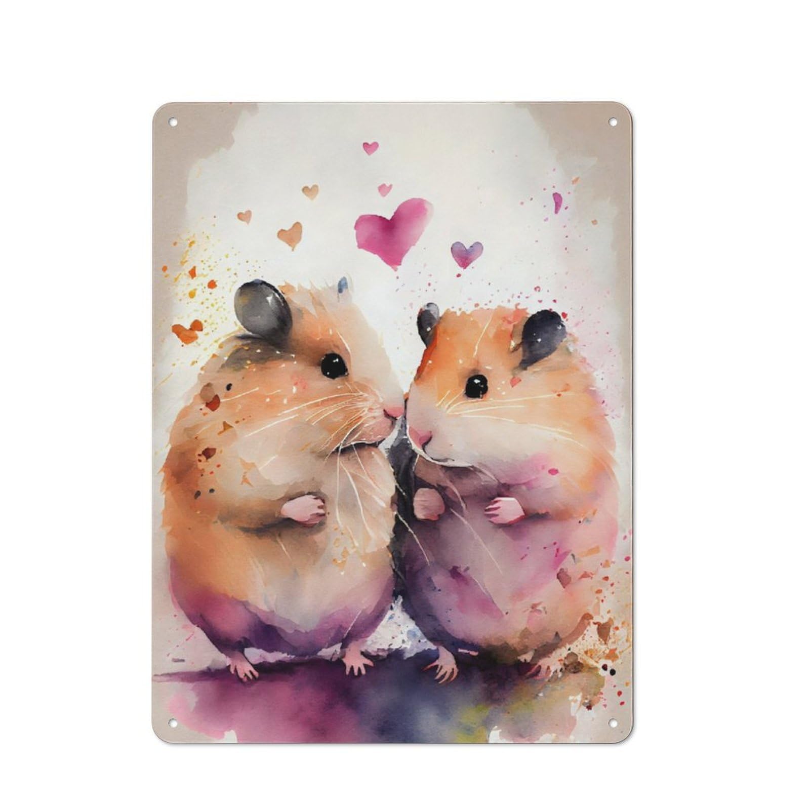 Junmoney Hamster Couple Watercolor For Café Or Restaurant, Vintage Tin Wall Plaque 40X30cm, New Home Wall Decor For Café Owners And Decorators
