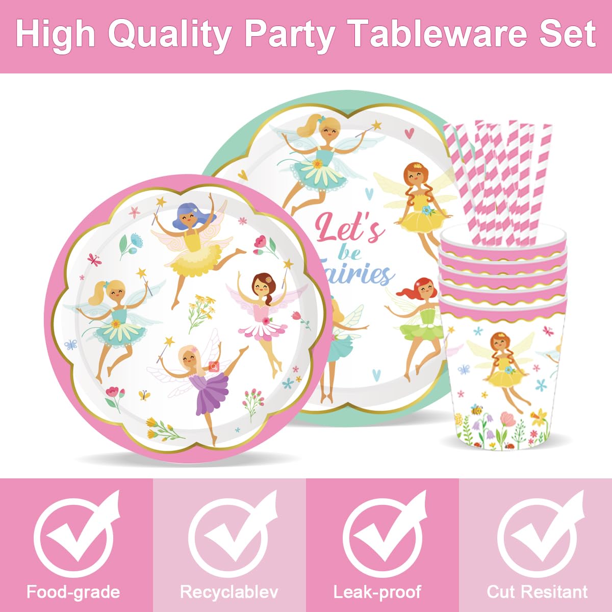 ZOOMPIL Fata dei Fiori Stoviglie Compleanno Set, Posate per Feste di Compleanno Fata, Include Piatti di Carta Tovaglioli Tazze Cannucce Striscione, per Feste di delle Fate, 10 Ospiti