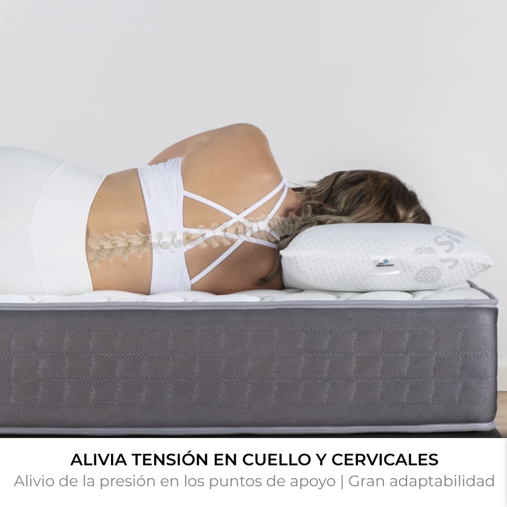 Almohada Visco Carbono Delia con Doble Funda, 150cm, Transpirable, Antiácaro, Termoregulable, Firmeza Media, Ergonómica, Perfecta Adaptabilidad a Cuello y Cabeza, Tejido Strech. Fabricada en España