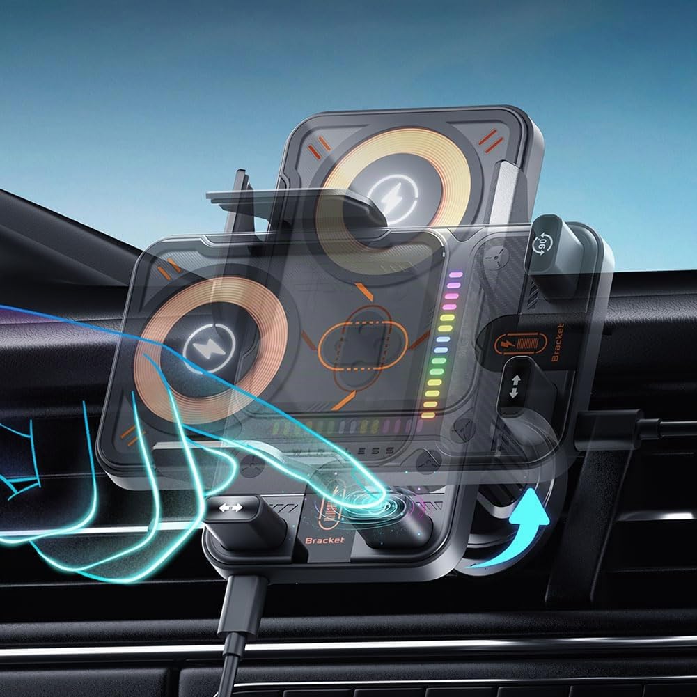 Chargeur de voiture sans fil 15 W et support de téléphone, support de chargeur de voiture sans fil, serrage automatique, installation de sortie d'air (noir)
