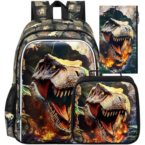 Image of HPJGD 3PCS Dinosaur Kids Bookbag, Water Resistant Boys School Bag Set with Lunch Box, Cool Backpack for Elementary Preschool Toddler - Wall-Breaking T-Rex