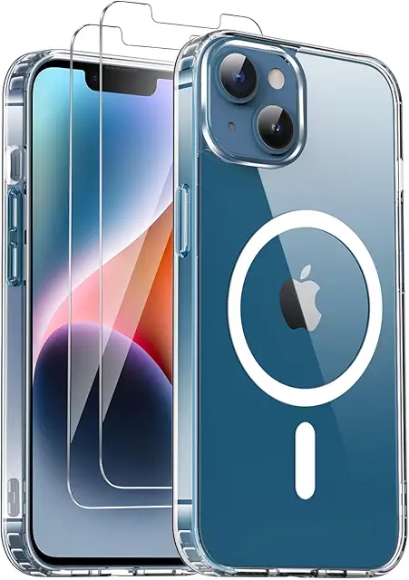 Coque Magnétique iPhone 13/14 avec Verres Trempés, Compatible MagSafe, Transparente
