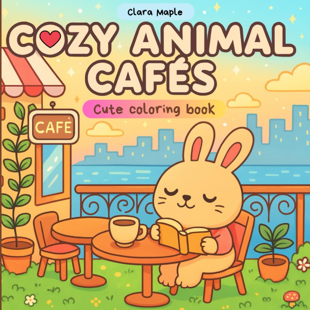 Cozy Animal Cafés Cute coloring book: A Wholesome Coloring Book with 45+ Adorable Café Scenes and Black Backed Pages – Kawaii Animals, Cozy Moments, and Relaxing Line Art for All Ages