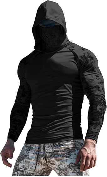 Mens Hooded Long Sleeve Printed Sun Shirt Lightweight Breathable Quick Dry Outdoor Sports Top