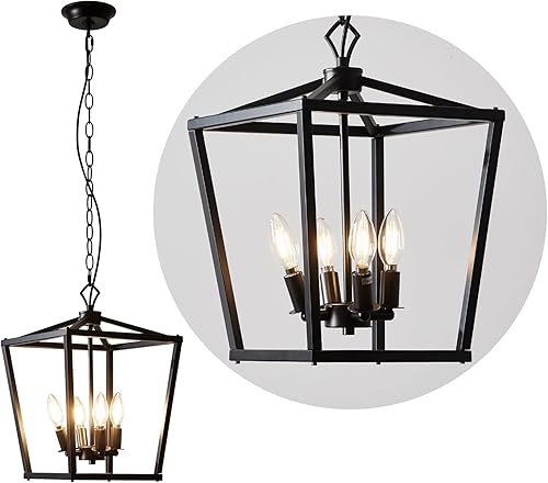 MXFLES Lámpara de araña de estilo rústico negro mate para isla de cocina, jaula de metal de altura ajustable, luz colgante geométrica rústica para