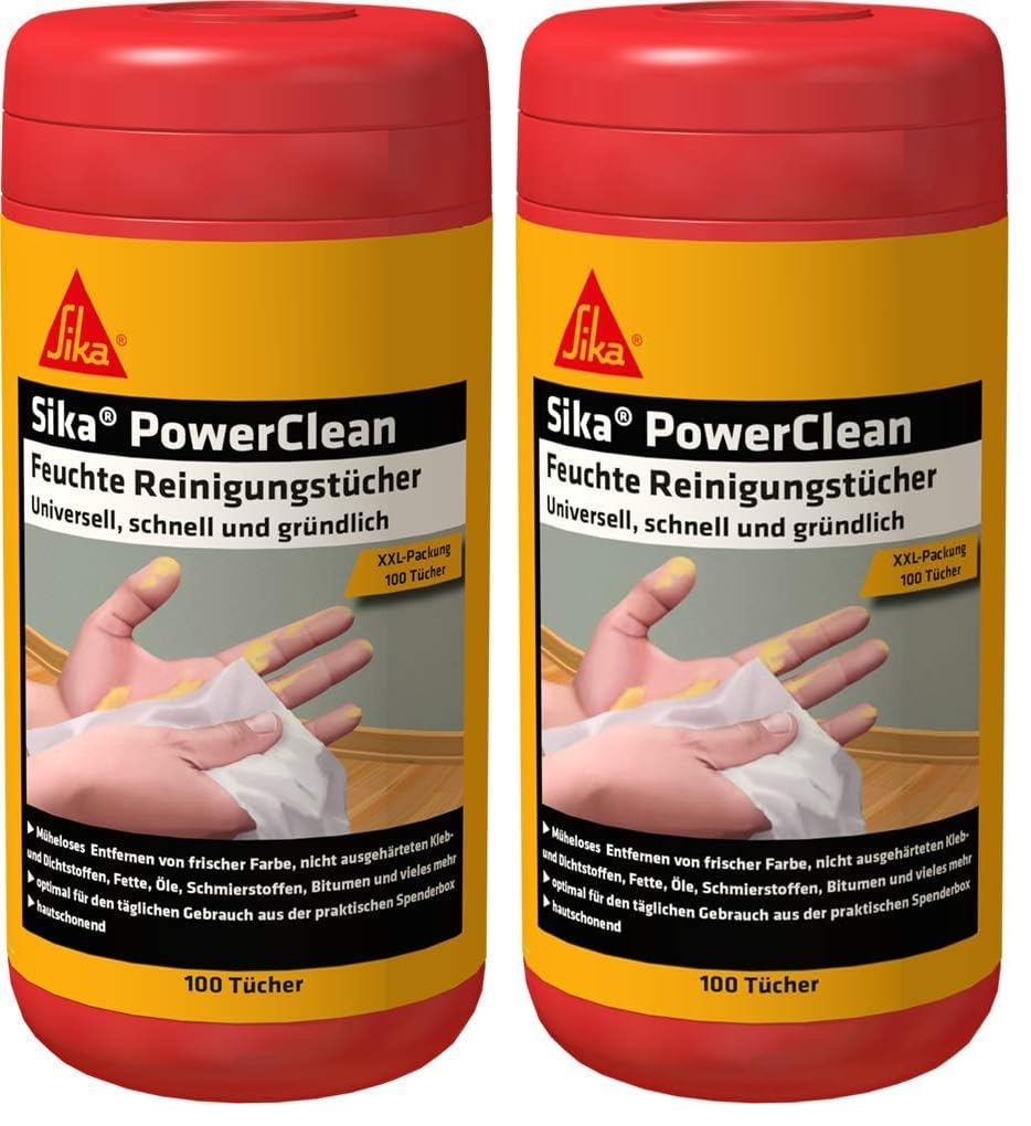 Sika Lingettes humides - Sika PowerClean Blanc - Idéal pour l'atelier - Mains propres sans lavage - Boîte distributrice de 100 lingettes (Lot de 2)