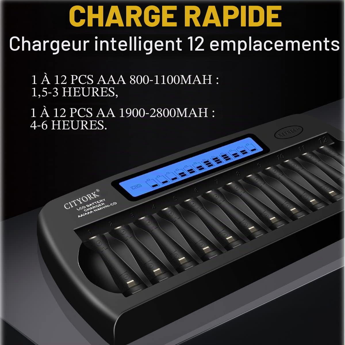 CITYORK Chargeur de Piles 12 Slots pour Ni-MH Ni-CD AA/AAA Piles Rechargeables avec écran LCD Intelligent et décharge et Protection IC intégrée