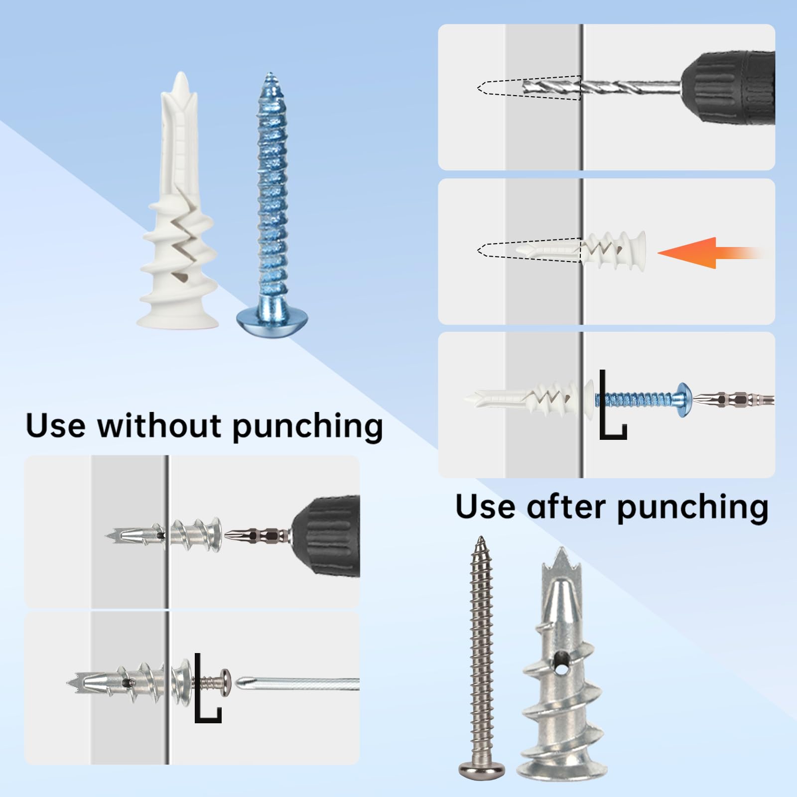 Trockenbaudübel und Schrauben, Sortiment, 300 Stück, 7 Arten, 150 robuste Blechdübel und 150 selbstbohrende Philips-Schrauben, Hardware-Set, einfach für Trockenwand, Regal, Aufhängen und
