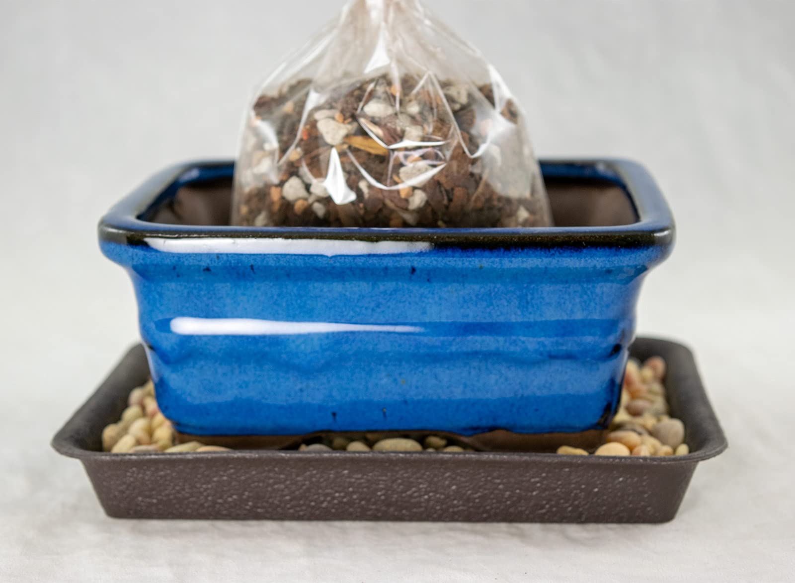 6" Rectangular Blue Bonsai Pot, Cactus & Succulent Planter + Soil + Tray + Rock + Mesh Kit (765-6B KIT)