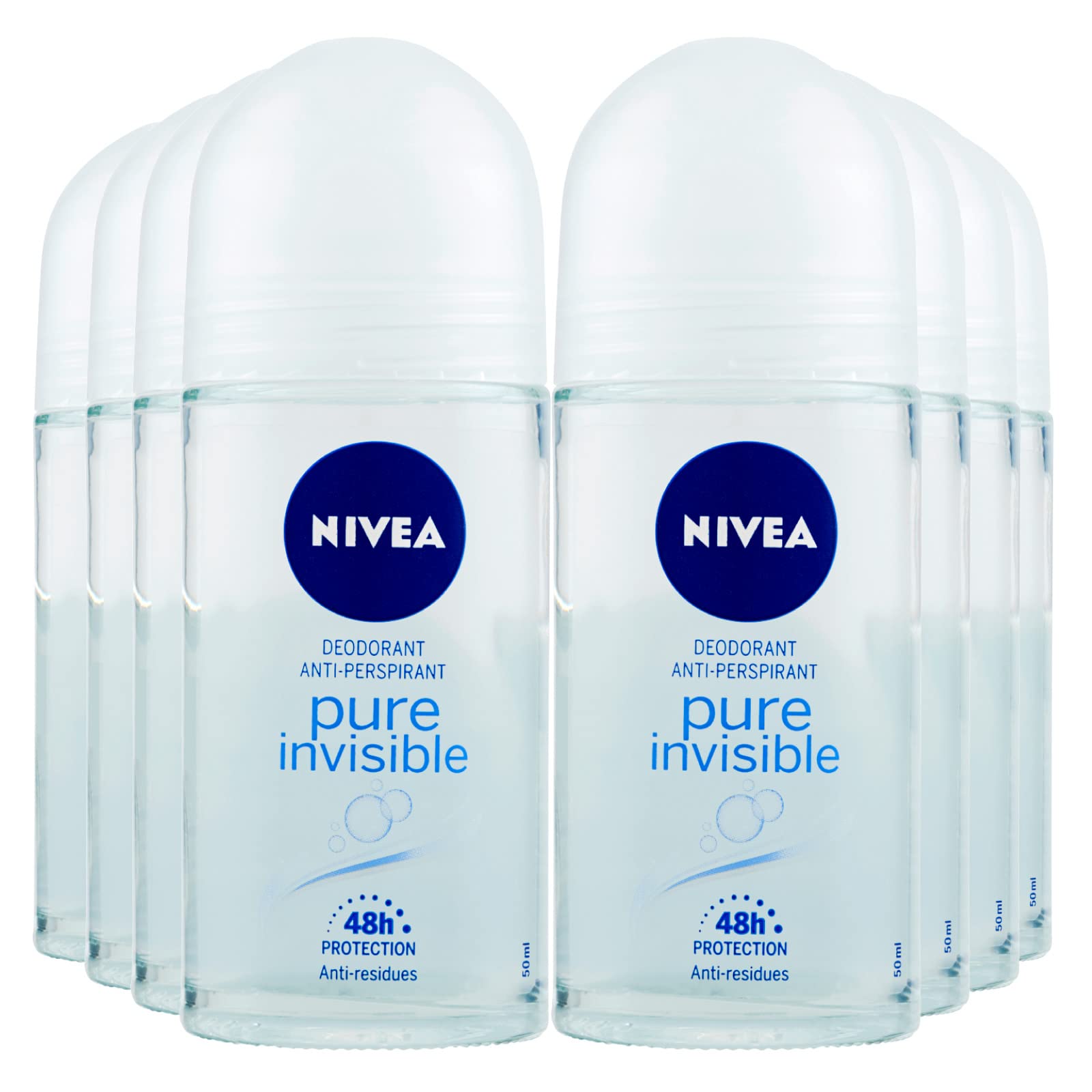 Nivea Pure Invisible Original Lufterfrischer Roll-On Antitranspirant, 48 Stunden, frischer und freier Hautschutz, hinterlässt keine Rückstände – 8 Flaschen à 50 ml