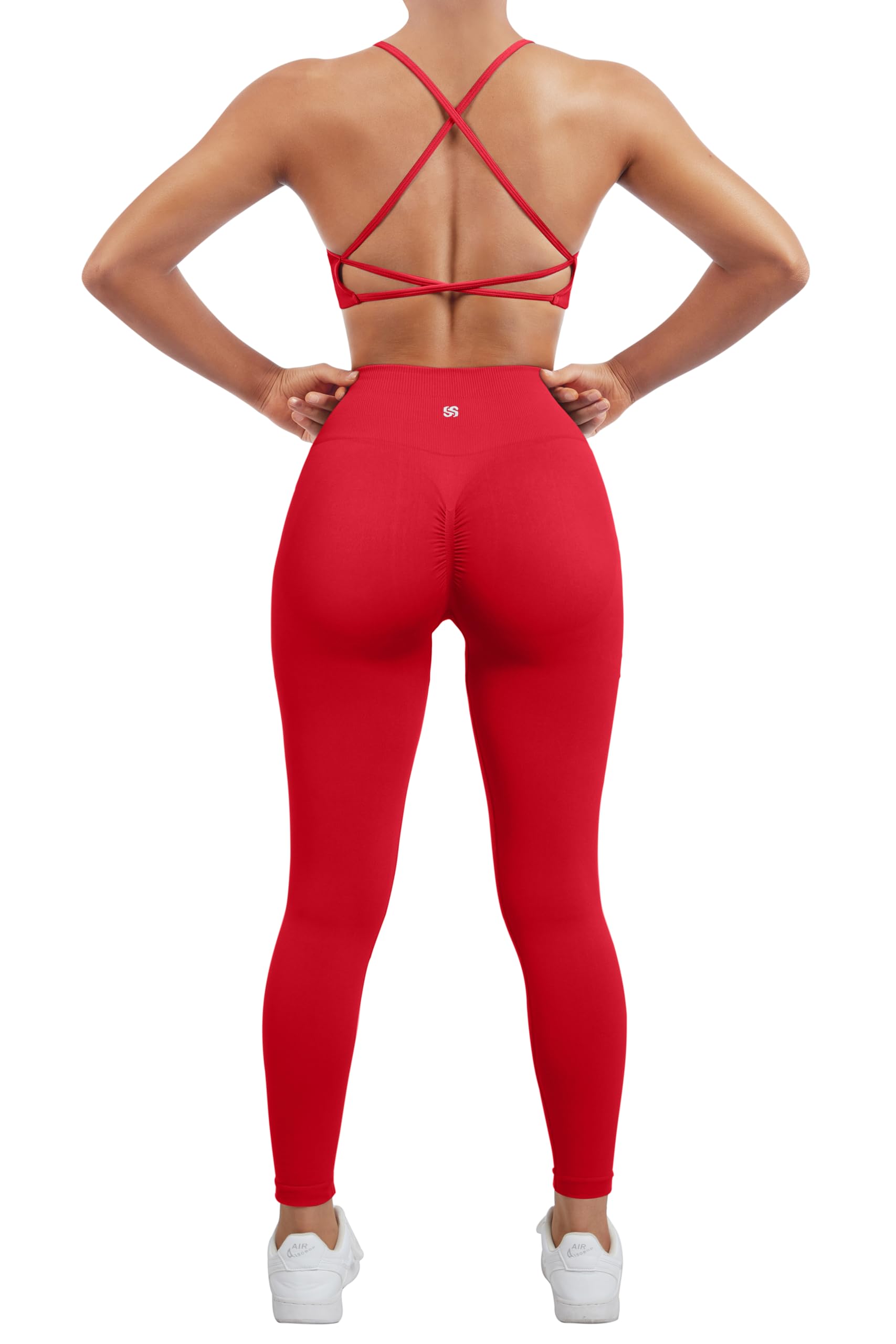 SUUKSESS Women Seamless Workout Sets Strappy Sports Bra High Waist Booty Leggings Outfits