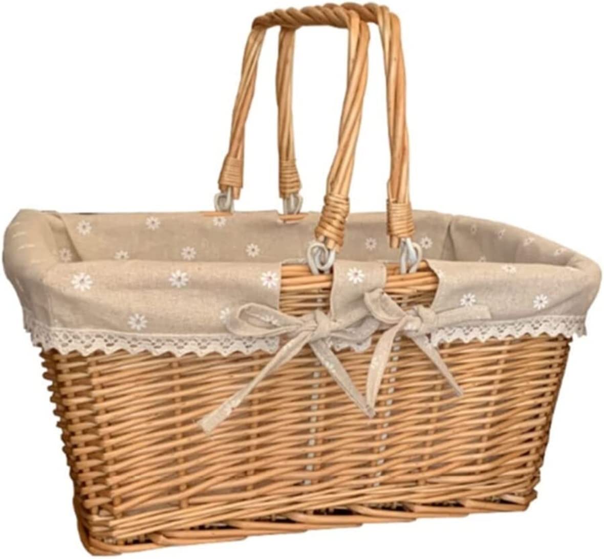 Cestino da Picnic Feste Cestino Portaoggetti per La Spesa in Salice Diviso con Fodera Color Crema da Picnic in Vimini Gita all’Aperto(20 * 28 * 24cm)