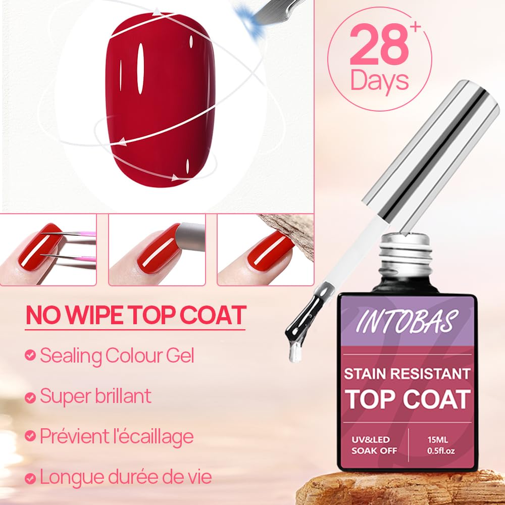 INTOBAS Base et Top Coat Vernis Semi Permanent 2*15ML, No Wipe Top Coat et Base Coat Semi Permanent Kit, Vernis à Ongles Soak-Off UV/LED Gel Semi-Permanent Manucure, Longue Durée, Adapté Au Nail Art