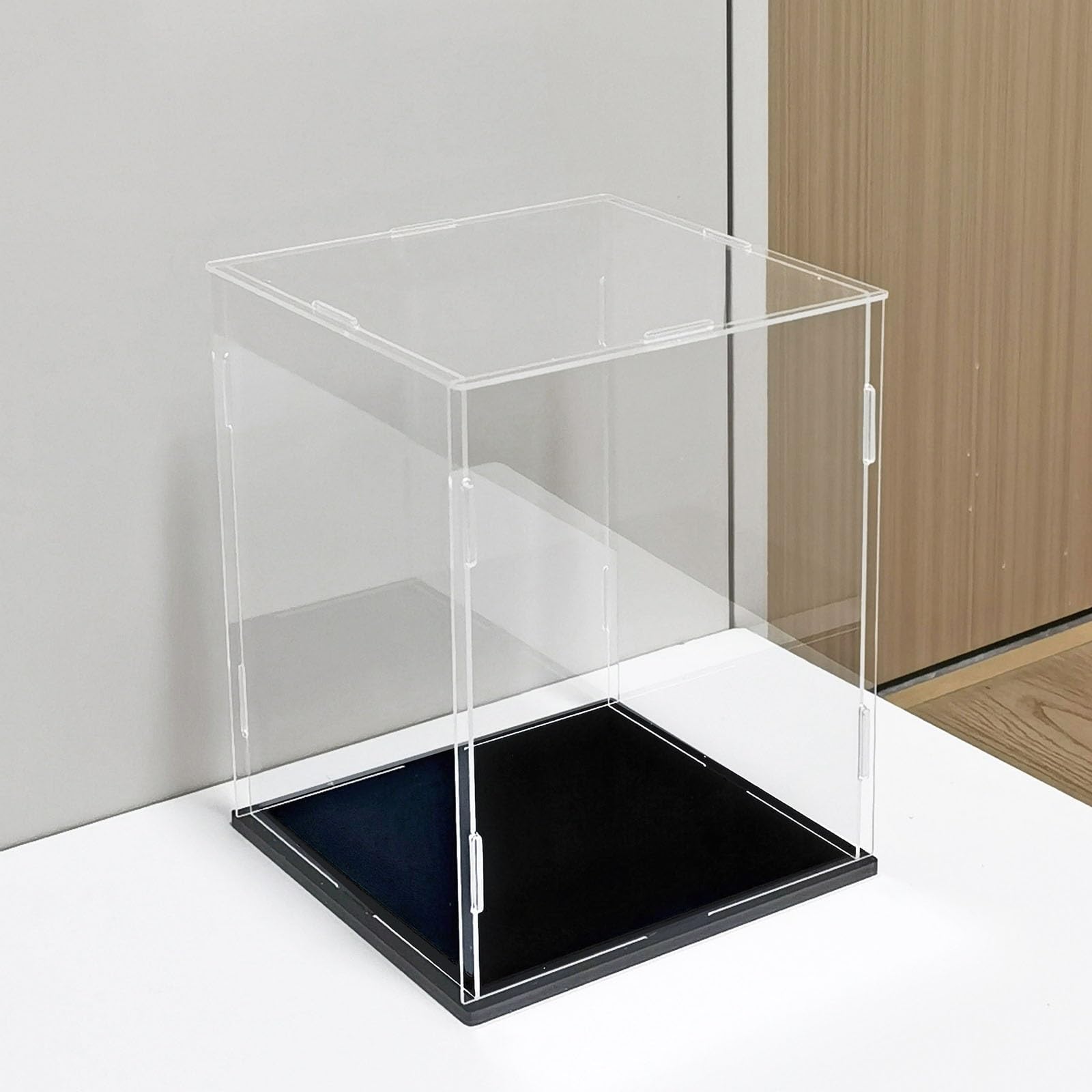 Clear Acrylic Display Box with Dustproof Cover, Showcase Storage Organizer for Miniature Models, Large Plastic Stand Organizer(Black Base,15x15x15cm)
