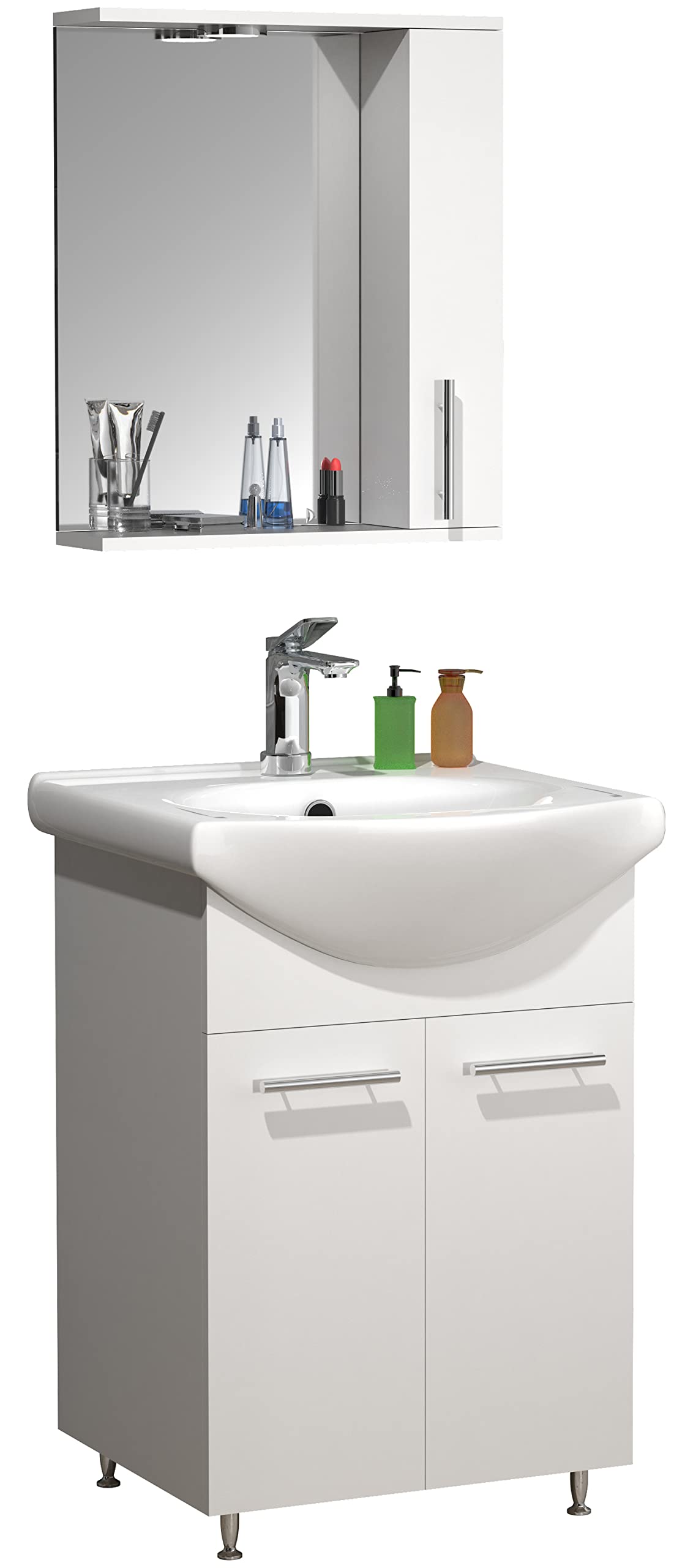 VCM Mueble Lavabo 3 Piezas Lavabo Conjunto de Muebles de baño Lavabo Armario con Espejo Puertas batientes Lisalo M Blanco