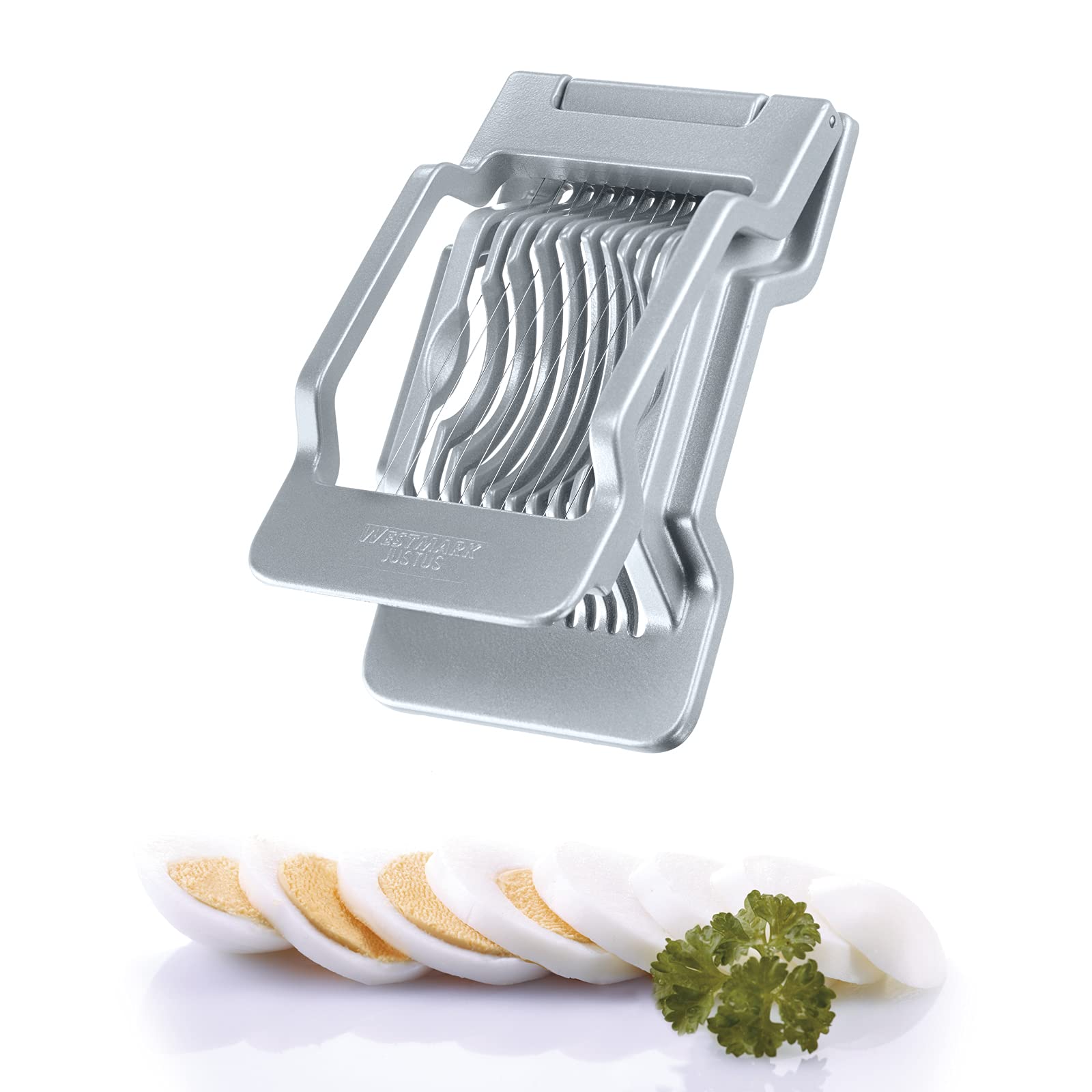 Westmark Cortador de huevos para rebanadas redondas y ovaladas, Alambres de corte tensados ​​individualmente de acero inoxidable, Aluminio/acero inoxidable, Justus, Gris, 10402260