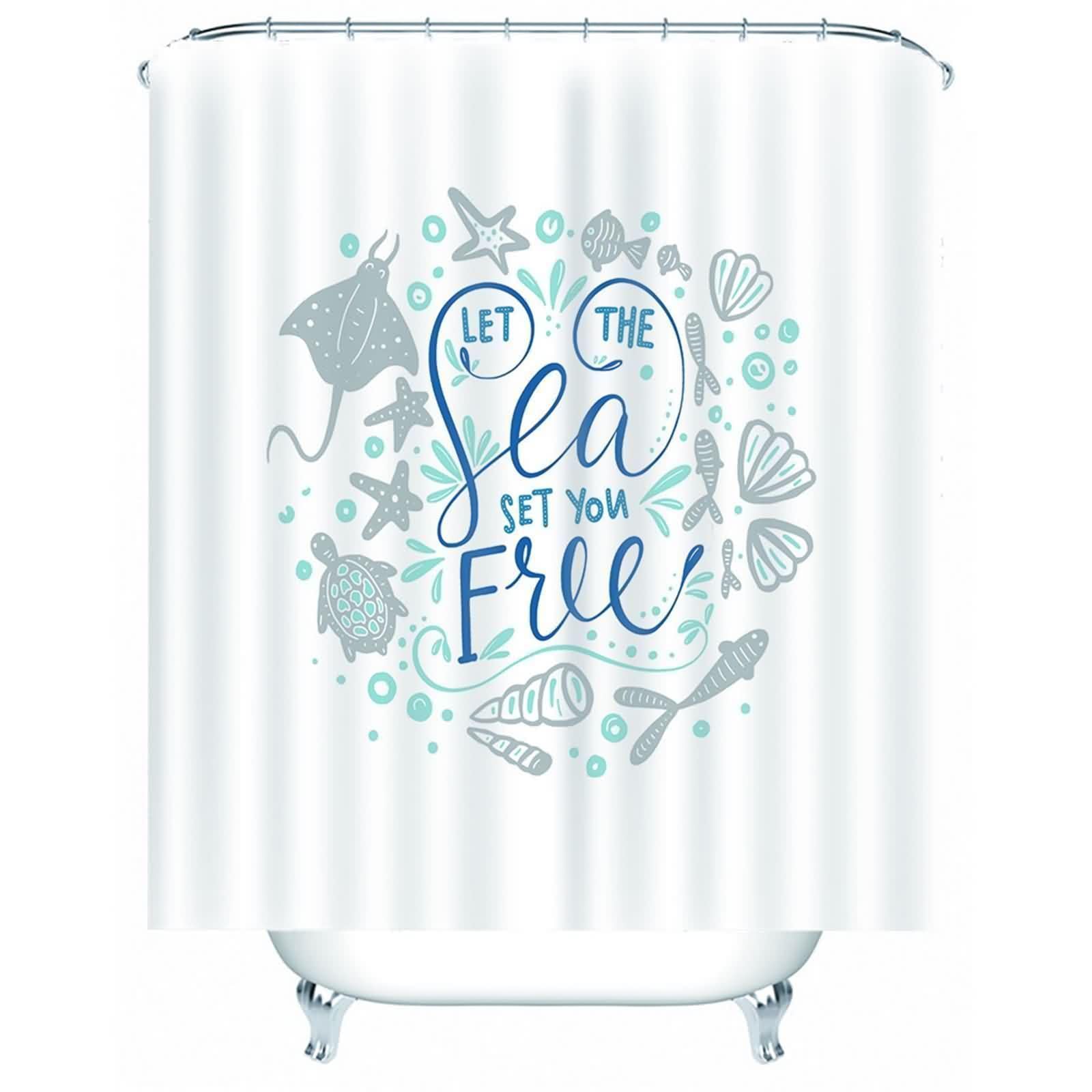 Rideau de douche tissu lavable blanc bleu pour en finir avec l'eau au sol