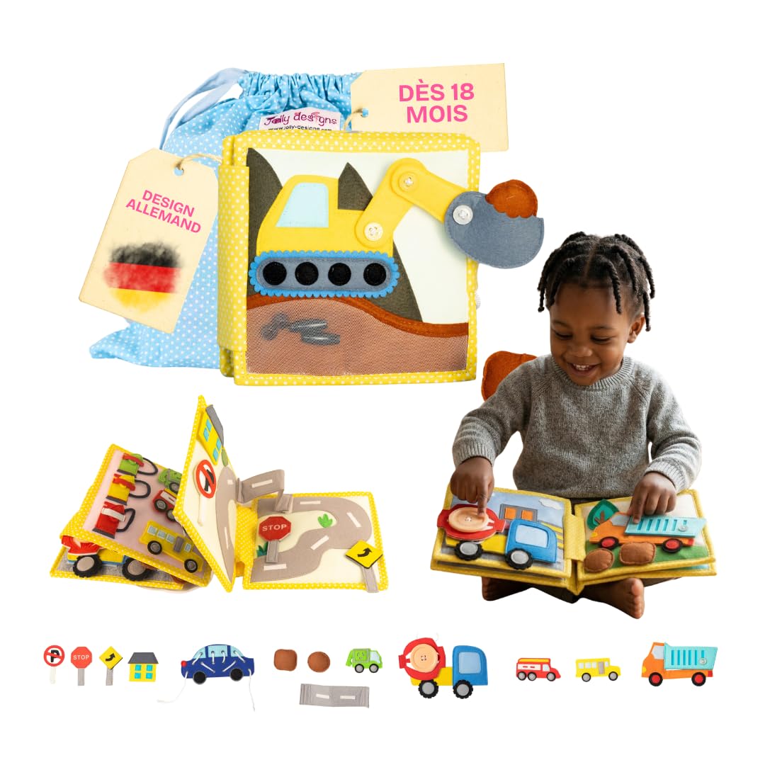 Jolly Designs Mini Quiet Book Mon Premier Tracteur – Jouet Montessori dès 18 Mois – Livre d‘activités en Feutrine – Livre Tissu éducatif sur Les véhicules & la sécurité routière