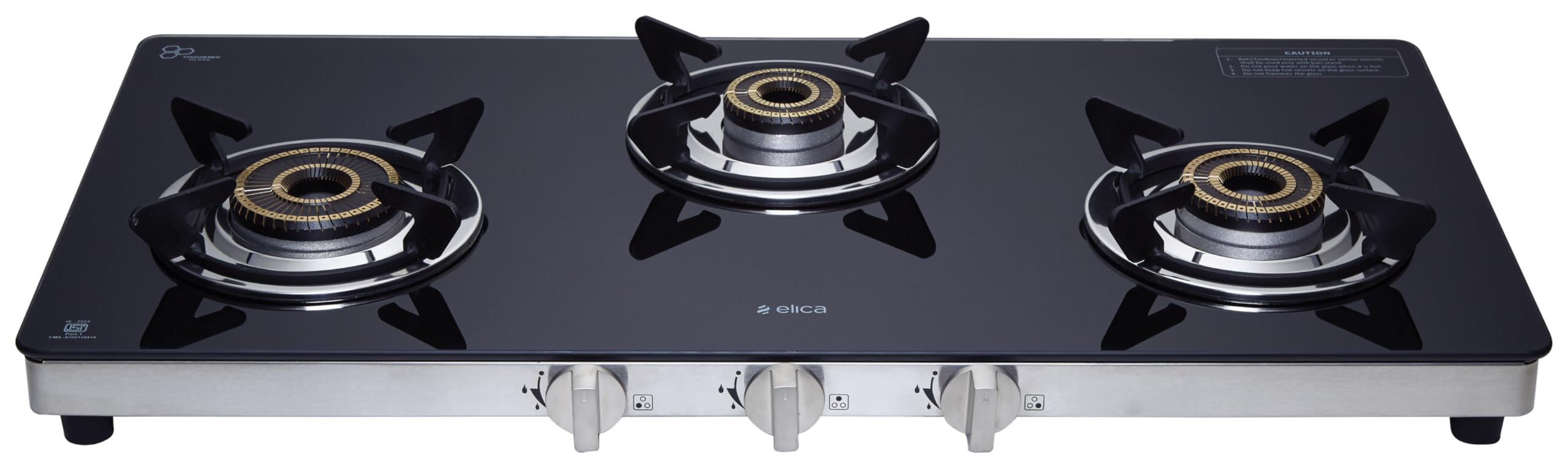 Elica 77cm 3 Burner Gas Stove | SAPPHIRE 773 CT VETRO (DT Series) | Double Drip Tray | Toughened Glass Top | High Efficiency Vertical Flame Brass Burners | 7 Yr Glass Warranty | Black