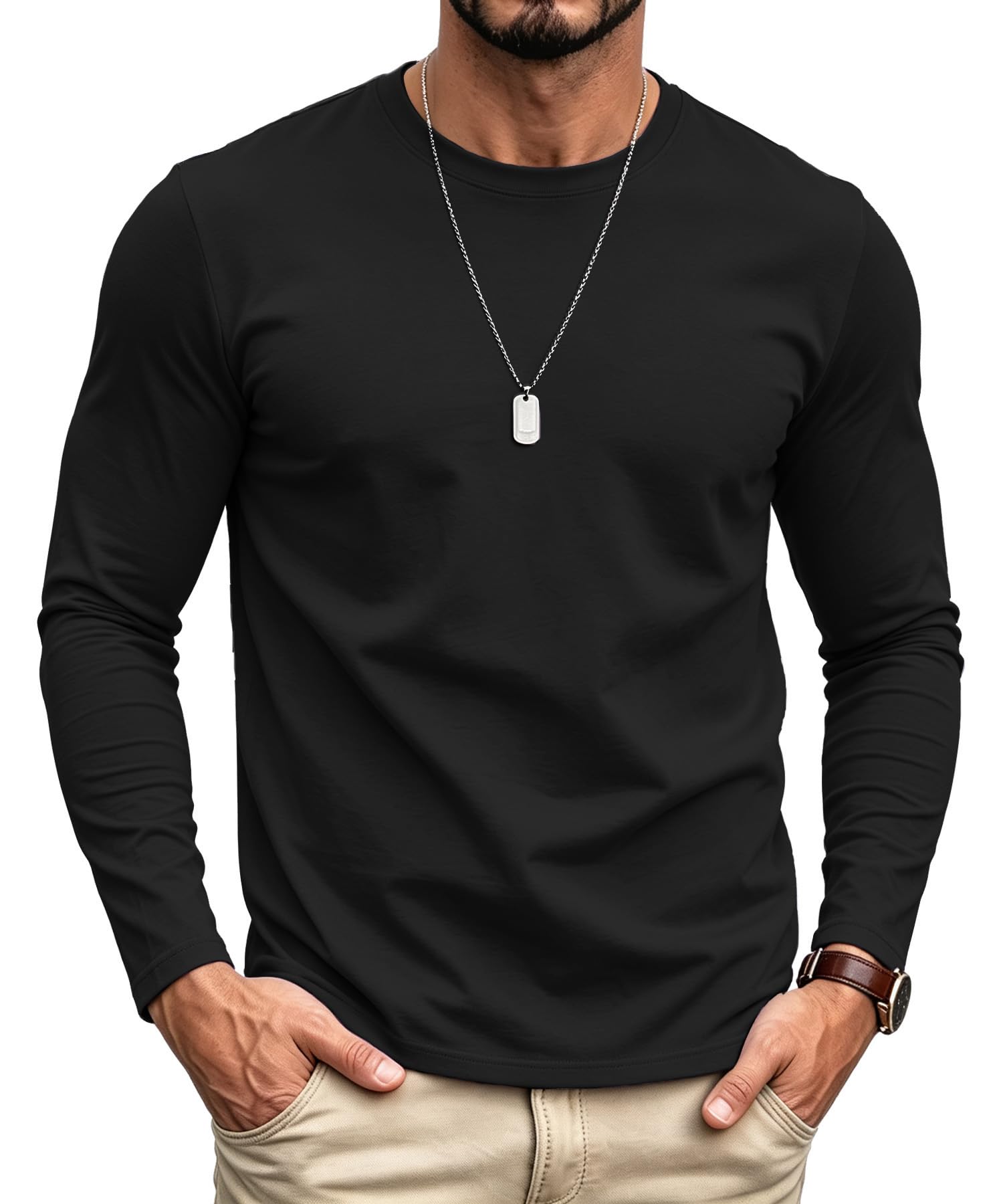 GOLDPKF Herren Langarmshirt Rundhals Basic Longsleeve Baumwoll Slim Fit Einfarbig Langarm T-Shirt für Freizeit Alltag Business Casual