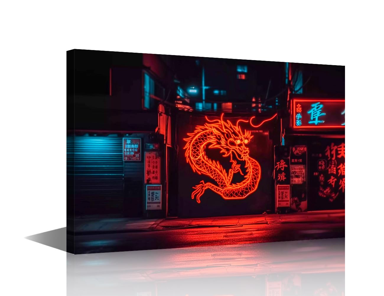TISHIRON 1 Piece Canvas Wall Art Colorful Cyberpunk Red Neon Dragon Paintings Tokyo City by Night Pictures Wall Art for Living Room Modern Home Decor Framed Ready to Hang 12x18 in โ image 1