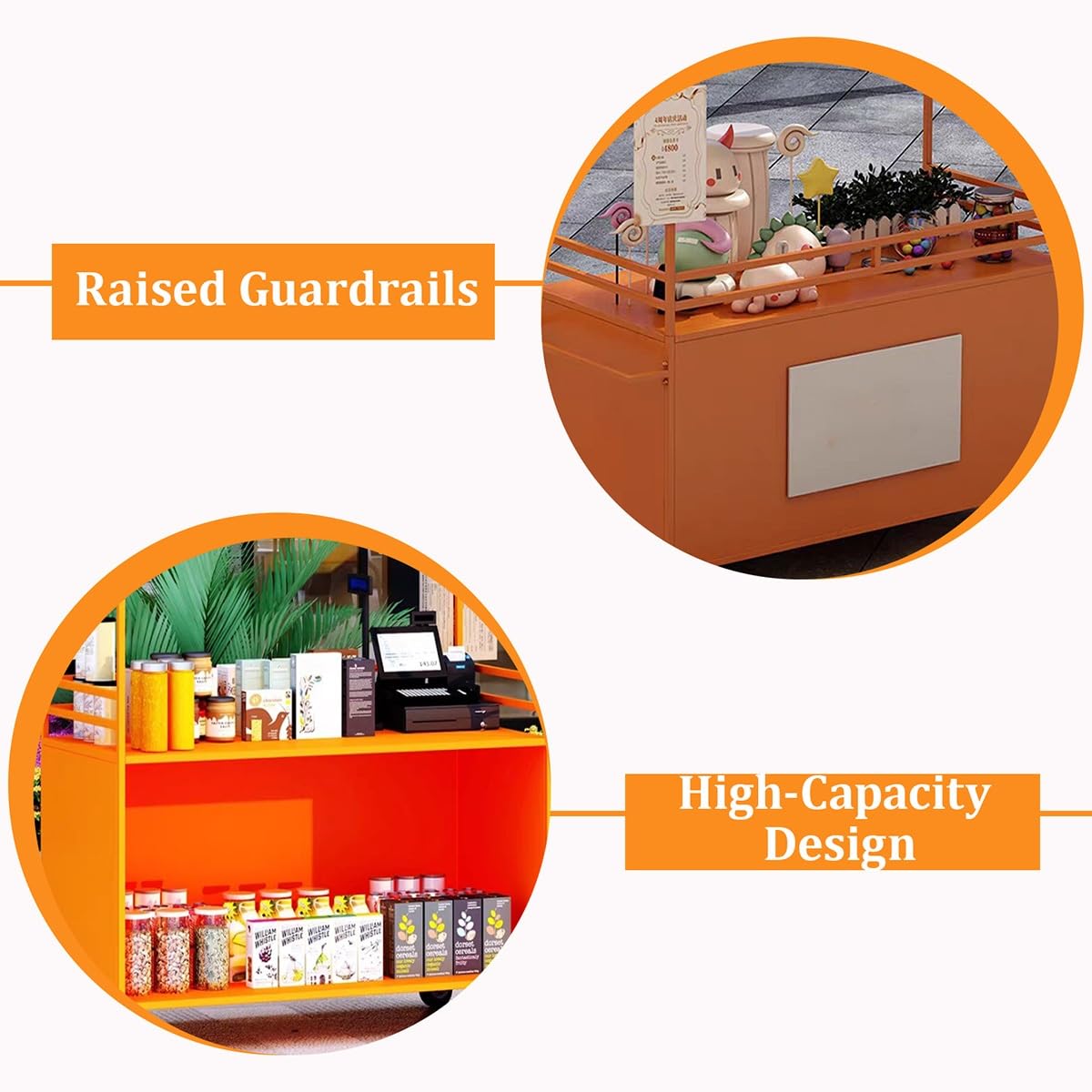 Carrito de Venta Ambulante Exterior con Toldo Impermeable, Carro de Comida con Frenos, Superficie Segura y Gran Almacenamiento(Orange,L 120CM/47.2IN)