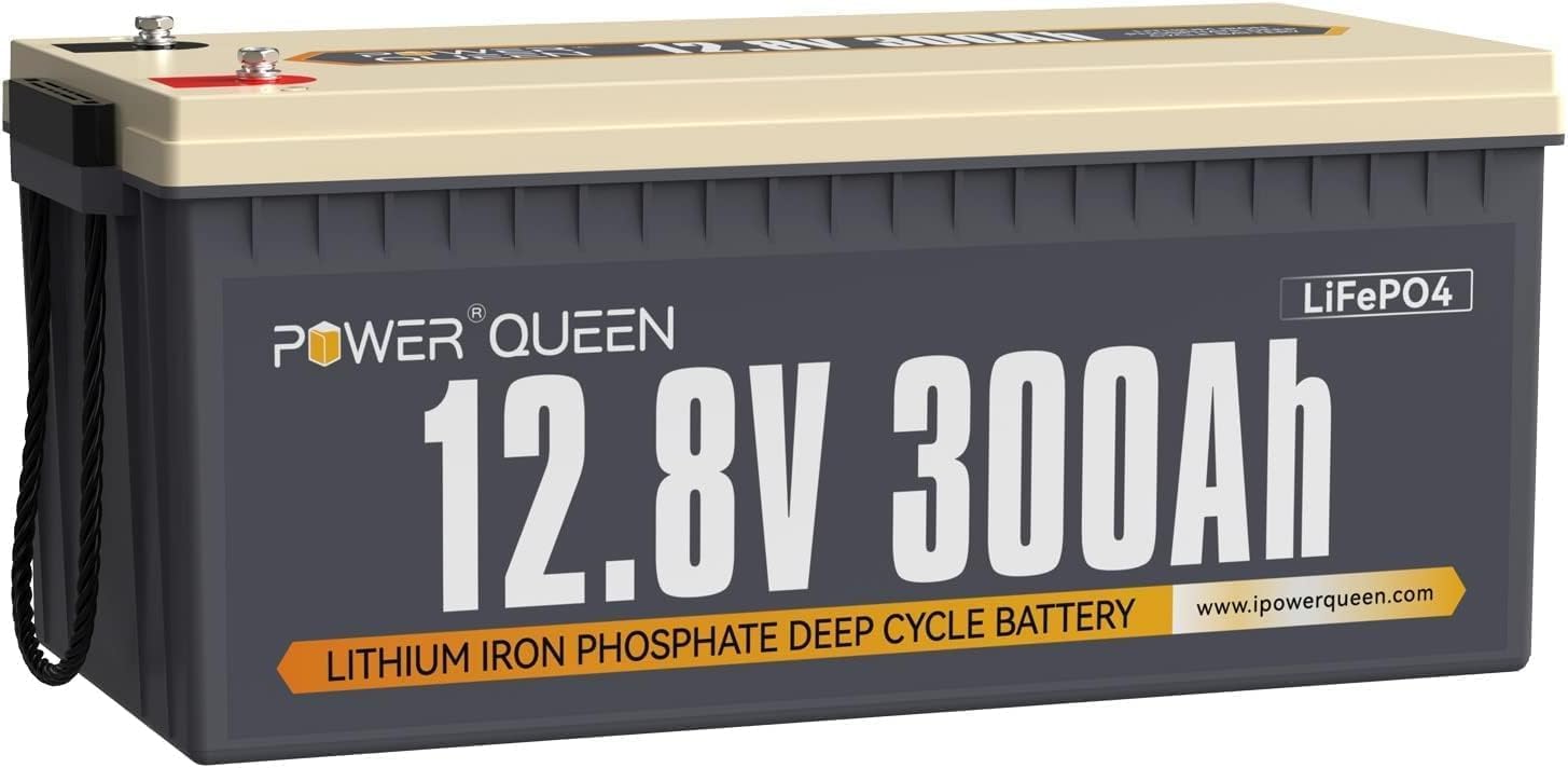 Power Queen 12V 300Ah LiFePO4 Battery,Lithium Battery Rechargeable with 200A BMS & 3840Wh Energy, Up to 15000 Cycles for Solar Energy Storage, Backup Power, RV and Off-Grid