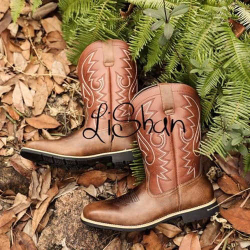 LISHAN Men's Western Cowboy Boots Embroidered Flats Mid Calf Boots2