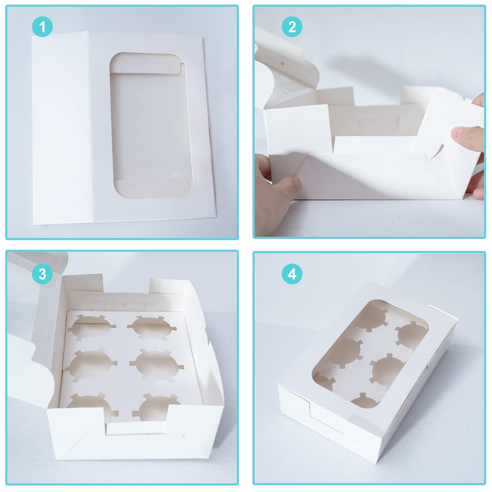 Yeplan 50 cajas para cupcakes de 9.4 x 6.1 x 3.14 pulgadas, 6 unidades, cajas blancas para cupcakes con ventana transparente y seis soportes para golosinas, caja de pastelería y galletas, caja de