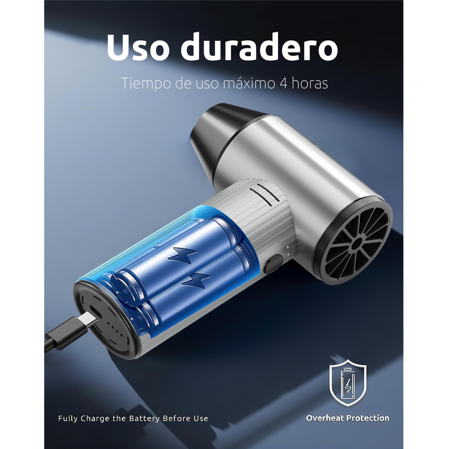 Soplador de Aire Comprimido de Metal, 270000 TR/Min de Pulverización de Aire Comprimido con 3 Velocidades ajustables, Aire Comprimido Limpieza PC, Soplador Batería para Coche, Hogar y Exterior - Plata