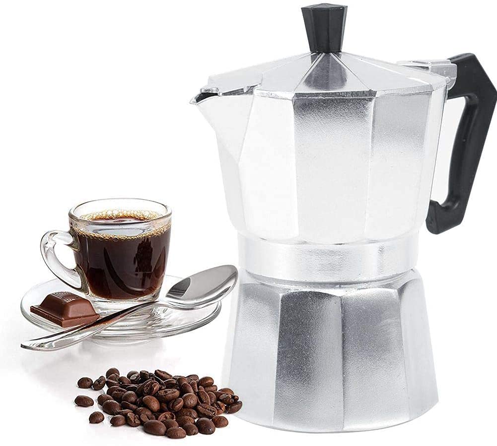 RubyhiaStovetop Espresso Maker Moka Pot, Italian Espresso Greca Coffee Maker, 2 Cup 100ml Aluminum Stove Top Coffee Home Office Use Gift for Friends for Italian Espresso Cappuccino Latte, Silver