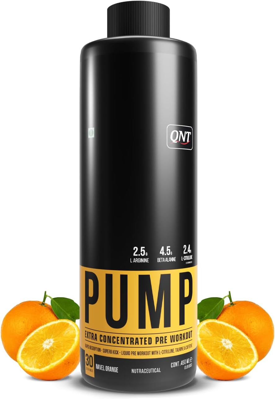 QNT PUMP Explosive Liquid Pre-Workout | Orange Flavor, 450 ML | 30 Servings | Pre Workout drink for men & women