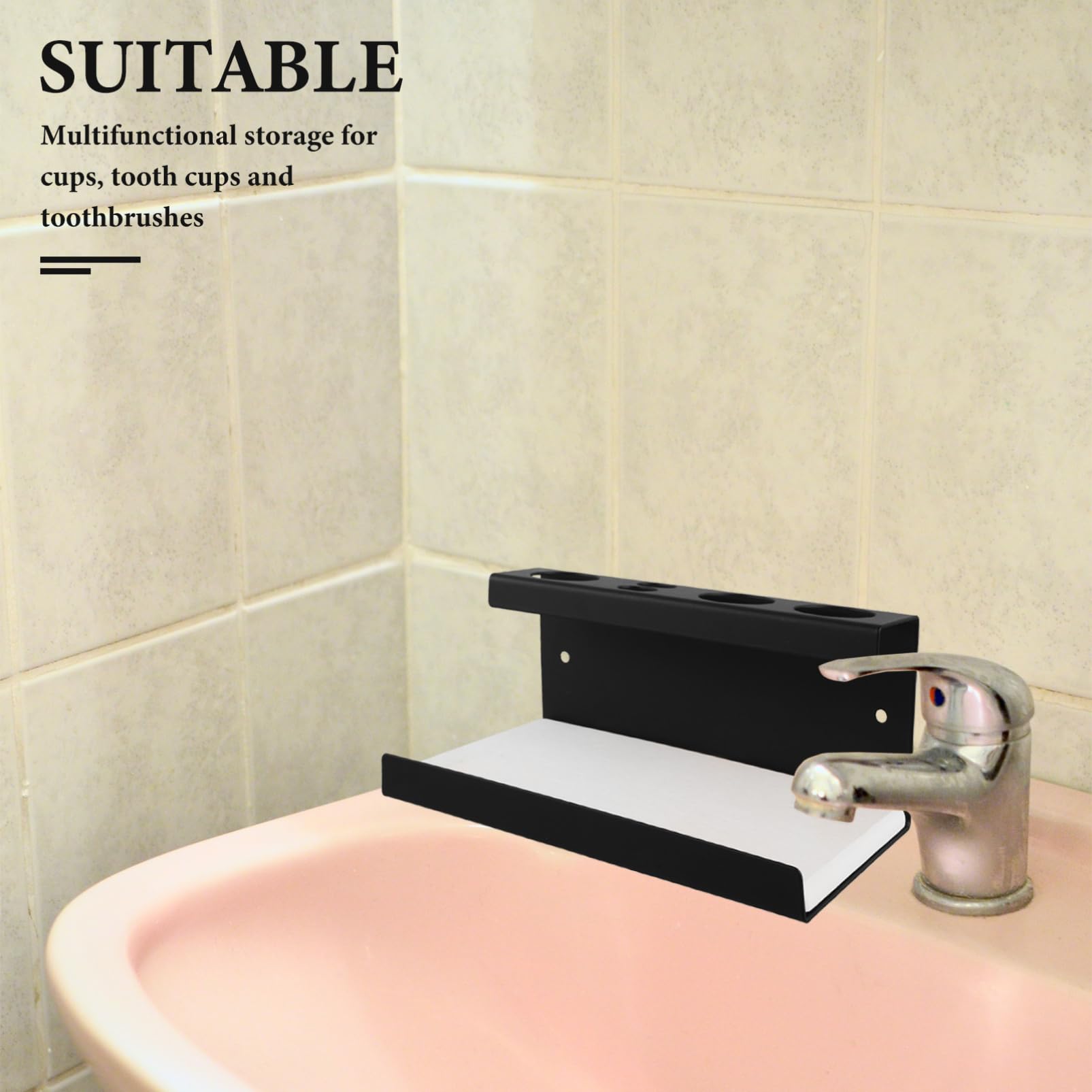 Ciieeo Portaspazzolino Nero Elegante Con Scomparti Per Spazzolini Elettrici e Dentifricio Organizer Da Bagno Multifunzionale Con Vassoio Per Tazze e Accessori Facile Da Installare e