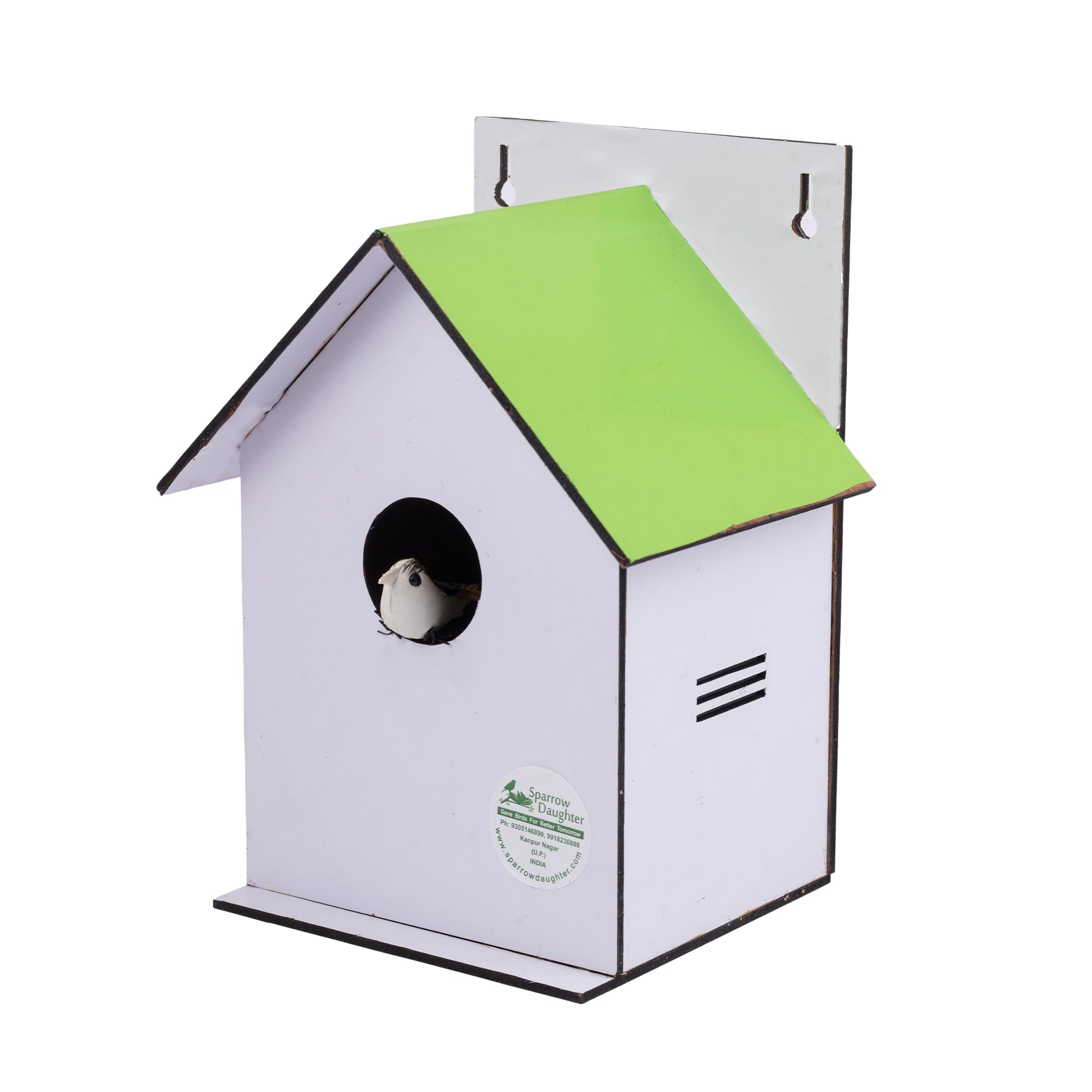 Sparrow Daughter Hut Shape MDF Bird House for House Sparrow, Love Birds, Wooden Bird Nest for Balcony & Garden Hanging, Medium Size,Light Green Color