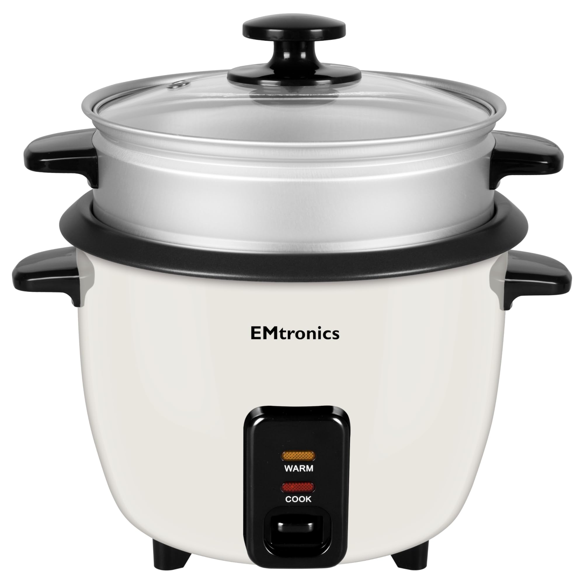 EMtronics EMRCDSCR0-6 Rice Cooker 0.6 Litre with Automatic Cooking, Steamer Tray and Warmer Function with Removable Non-Stick Bowl, Measuring Cup and Spatula 350W - Cream