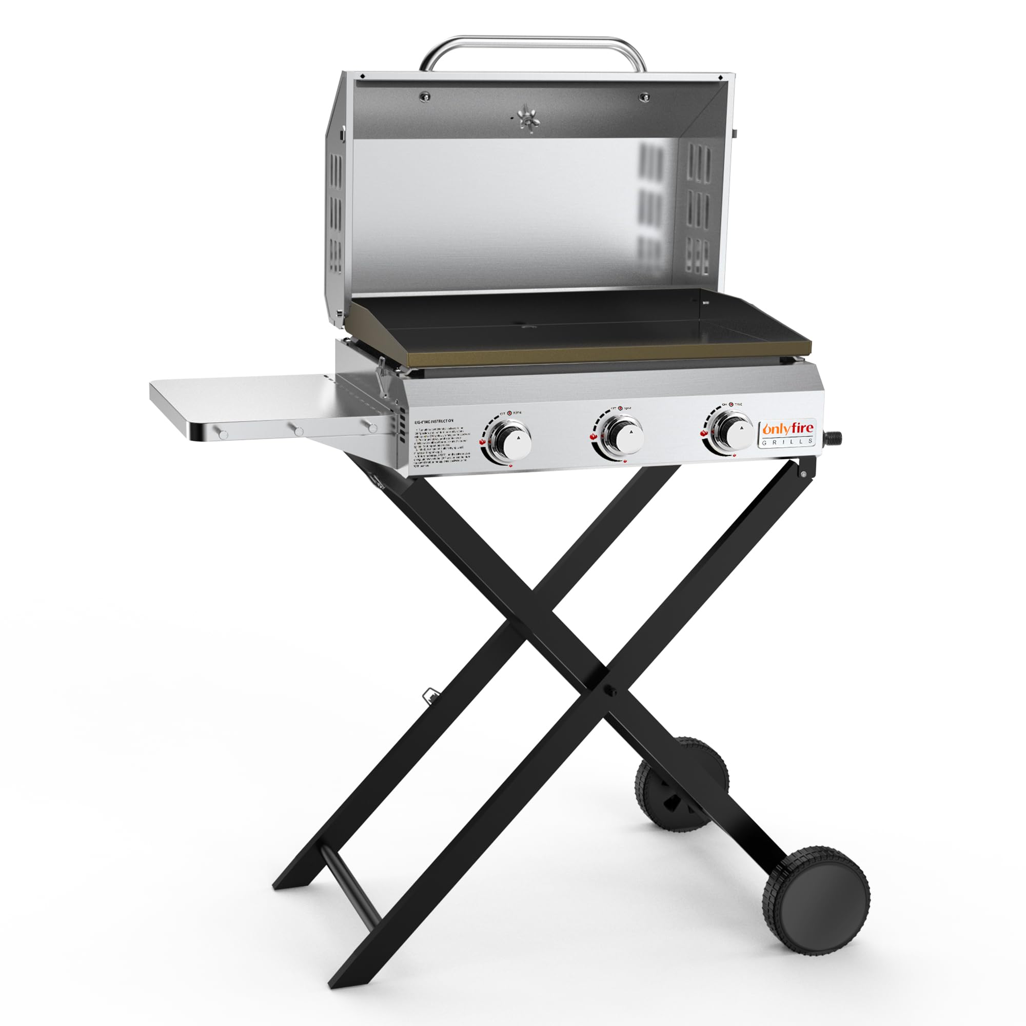 onlyfire Plancha à Gaz en Inox sur Chariot, 3 Brûleurs 7 kW | avec Couvercle et Thermomètre, Plaque 57 × 36 cm en Céramique Antiadhésive, Tablettes Latérales