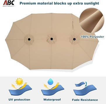 ABCCANOPY 15FT Patio Umbrella with Base, Outdoor Double-Sided Rectangle Umbrella Bonus Latch, Wights for Poolside, Lawn, Backyard (Khaki)