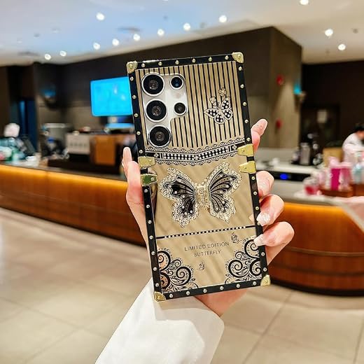 LuxuryKase Premium Shockproof Designer Case for Samsung Galaxy S24 Ultra | Bling Butterfly Mirror Finish | Metallic Corner...