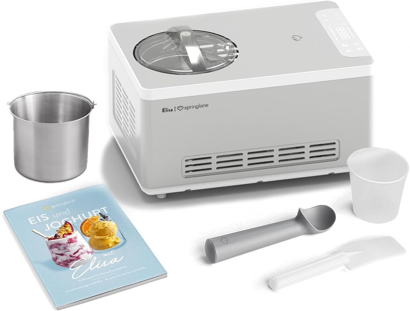 SPRINGLANE Sorbetière et yaourtière Elisa 2,0 L avec compresseur auto-refroidissant 180 W (Argent, avec accessoires et récipient en acier inoxydable)