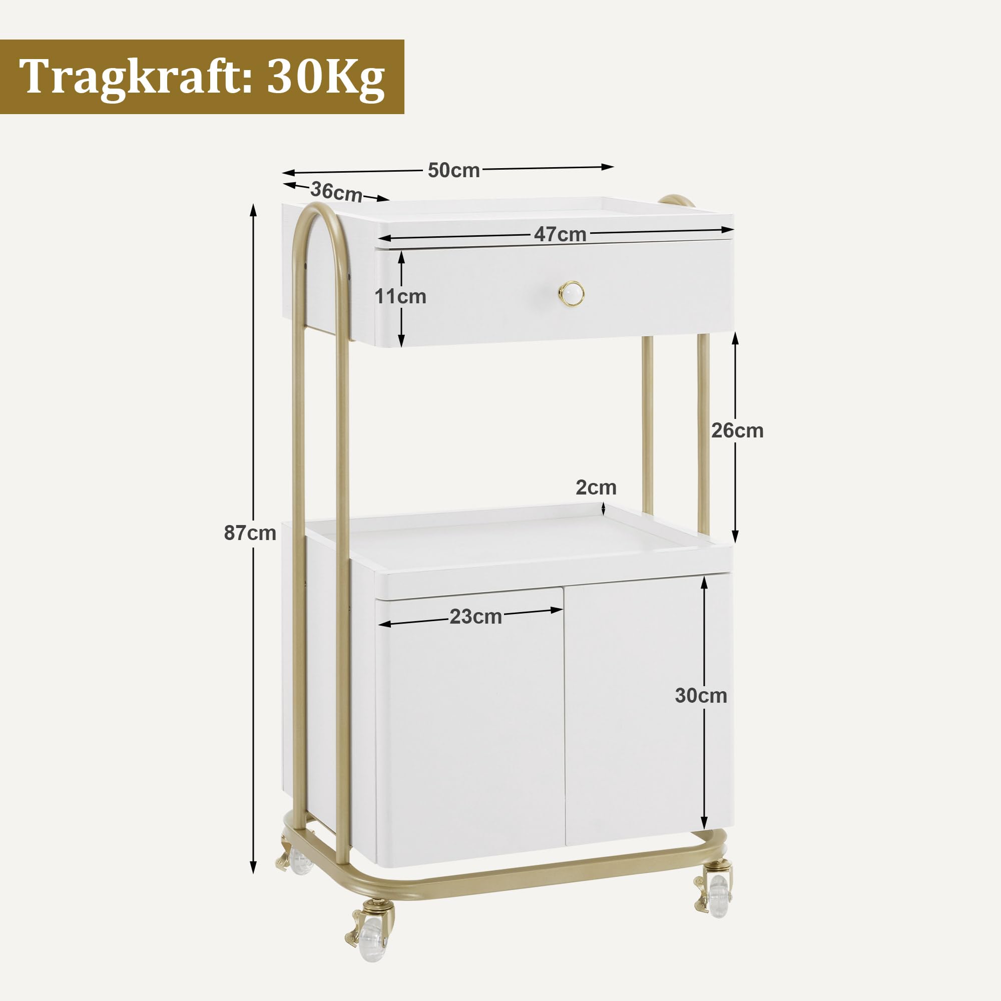 M MCombo Servierwagen mit Rollen & Schublade, Rollwagen Friseurwagen Weiß-Gold, Salon Trolley mit 2 Ablagen und Schrank, Moderner Arbeitswagen für Bad Wohnzimmer, 36x50x87cm, 0086