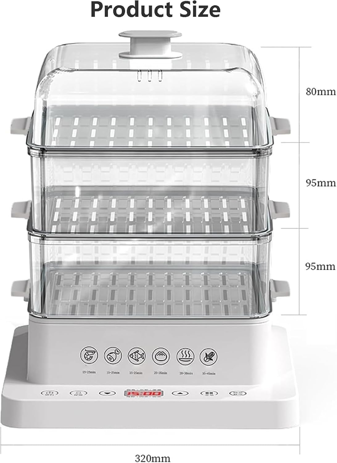 3-Layer Electric Kitchen Steamer/Detachable Food Steamer with 500*Baking Paper / 12 Hours Reserve and Anti-Dry Combustion