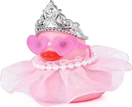 Pink Rubber Ducks with Crown, Pearl Necklace & Heart Glasses - Cute Car Dashboard Decorations, DIY Princess Duck Accessories for Car, Office, Home