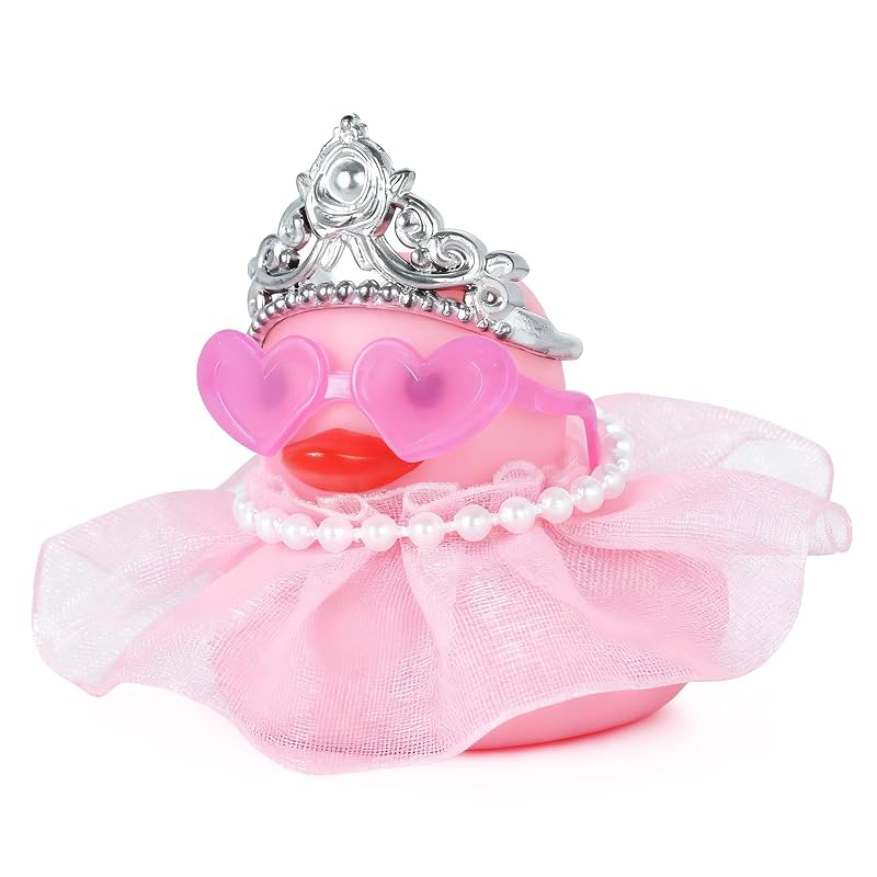 Pato Decorativo Rosa para Painel de Carro com Coroa, Colar de Pérolas e Óculos de Coração BOZILY