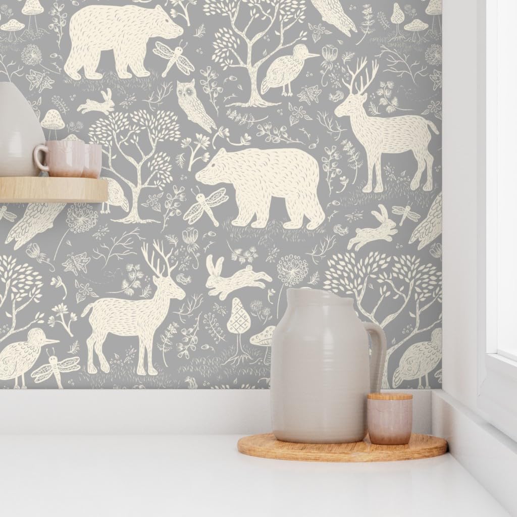 Peel & Stick Wallpaper 12ft x 2ft - Neutral Woodland Animals Bird Nature Deer Animal Owl Tree Baby Custom Removable Wallpaper by Spoonflower