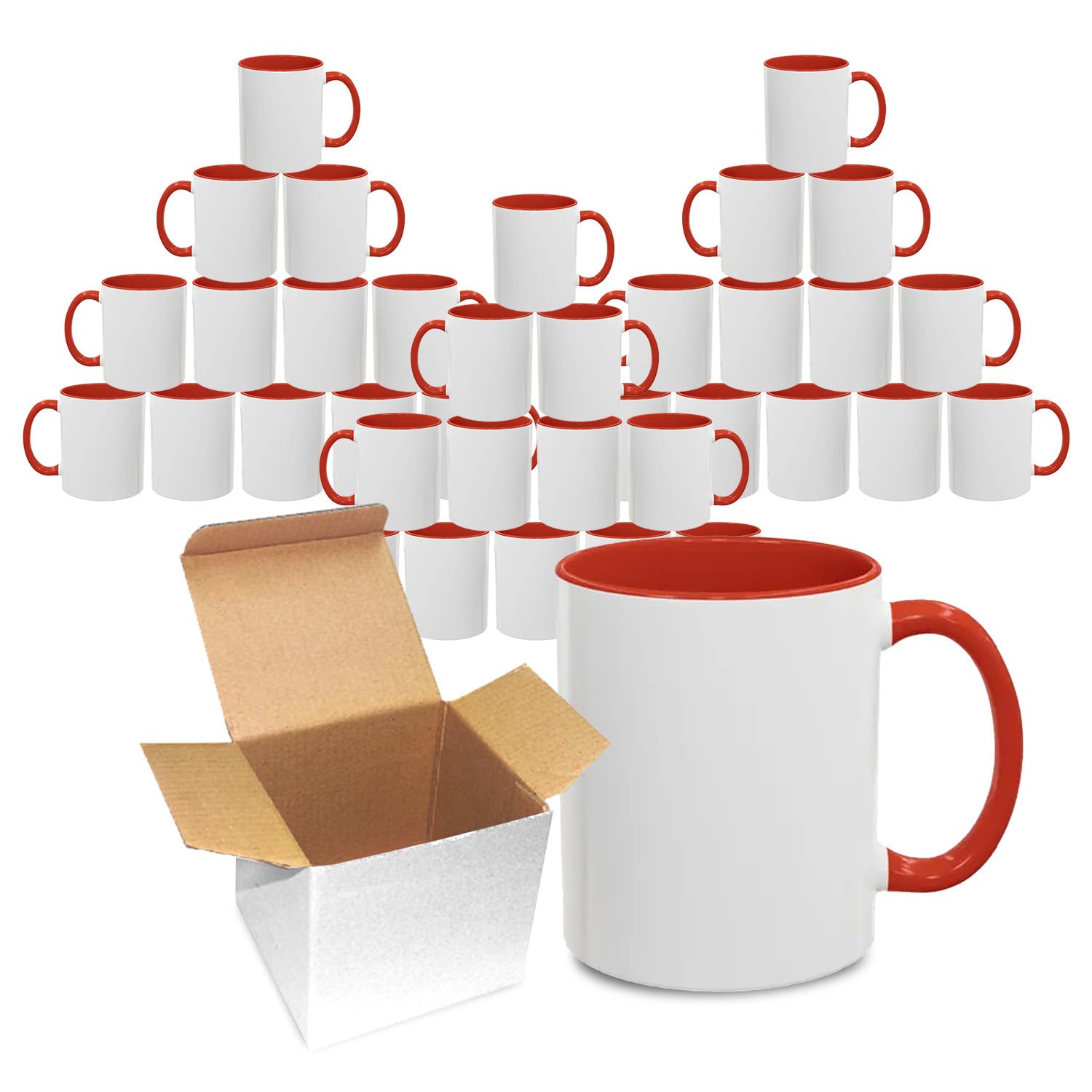 Sublimation Mugs 11oz Blank with Coloured Large Handle & Inner with Box | Durable, Ceramic Orca Finished Mugs Perfect for Custom & DIY Printing, for Loved Ones | Red Bulk Pack of 36