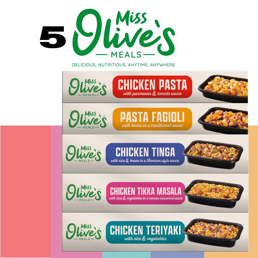 Miss Olive’s Ready Meals Variety Pack – 5 Pack of Ready-to-Eat Microwaveable Meals – Tinga, Tikka, Teriyaki, Pasta Fagioli & Chicken Parm – Bigger Portion Sizes, Heat & Serve Convenience