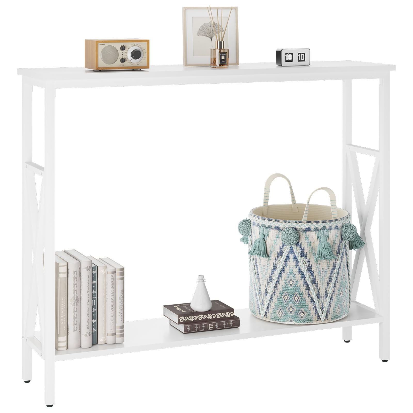 YMYNY Mesa de Entrada Estrecha, Consola de Exposición, Auxiliar para Sofá, Estilo Industrial, 101×25×80.5CM Blanco HST007W