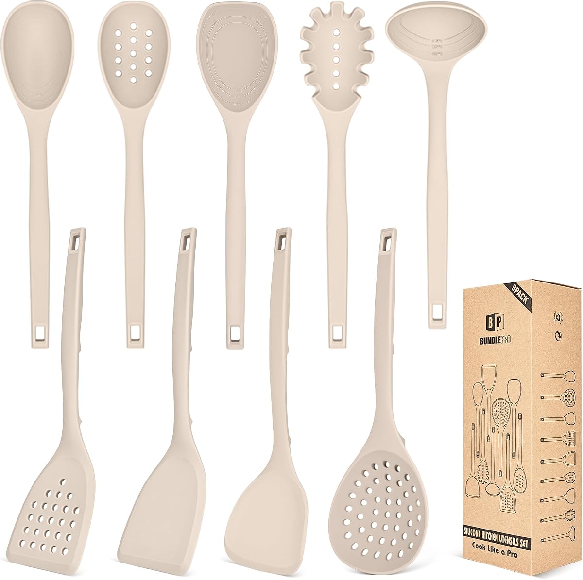 Silicone Cooking Utensils Set, 9 Pcs Heat Resistant Kitchen Utensils with Back Hooks, BPA Free Kitchen Tools with Spatulas, Spoons, Skimmer and Pasta Fork for Non Stick Cookware(KHAKI)